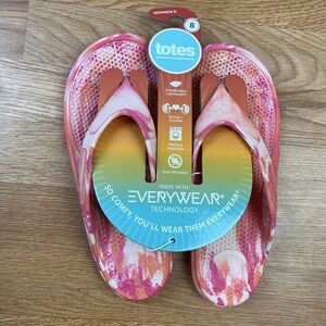 Totes Pink Watercolor Flip Flops Sandals Women's Size 8 NEW